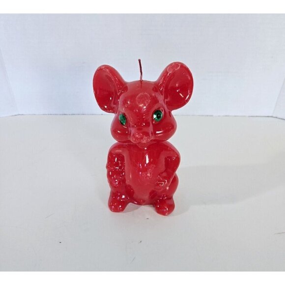 Vintage Candle Christmas Mouse Red With Green Sequin Eyes - Picture 1 of 7